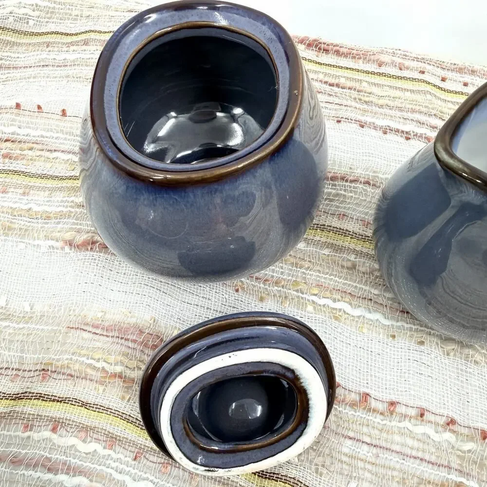 Sango Visions Eggplant Blue with Brown Rim Ceramic Creamer & Sugar Set